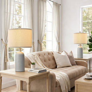 24-Inch Dimmable Ceramic Table Lamp Set with Linen Drum Shades, Gray, Set of 2