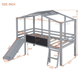 Loft House Bed With Ladder And Slide, With board And Light Strip On The Roof