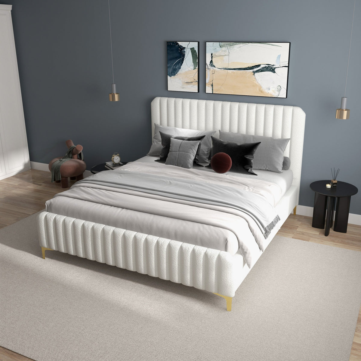 Valery King Size Bed Frame with Tufted Upholstery - White Boucle