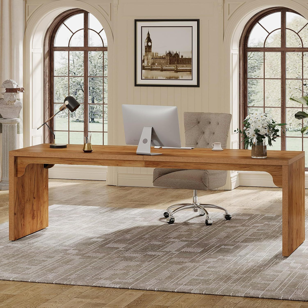 Extra Long 2 Person Computer Desk, Large Workstation - Brown