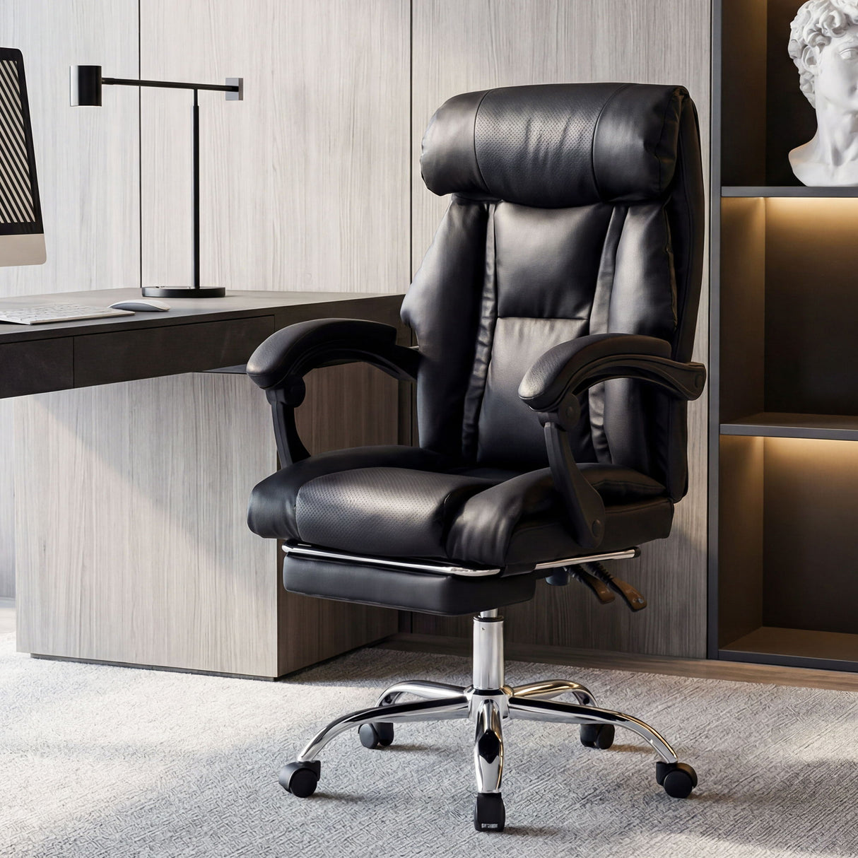 Executive Office Chair With Foot Rest, Adjustable Height - Black