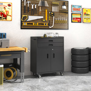 Metal Tool Garage Storage Cabinet with 2 Drawers and 2 Doors, with Wheels and Lock