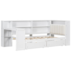 Platform Bed With Upholstered Headboard, Storage Shelves, Drawers, Charging Station, LED Lighting, Built In Desk