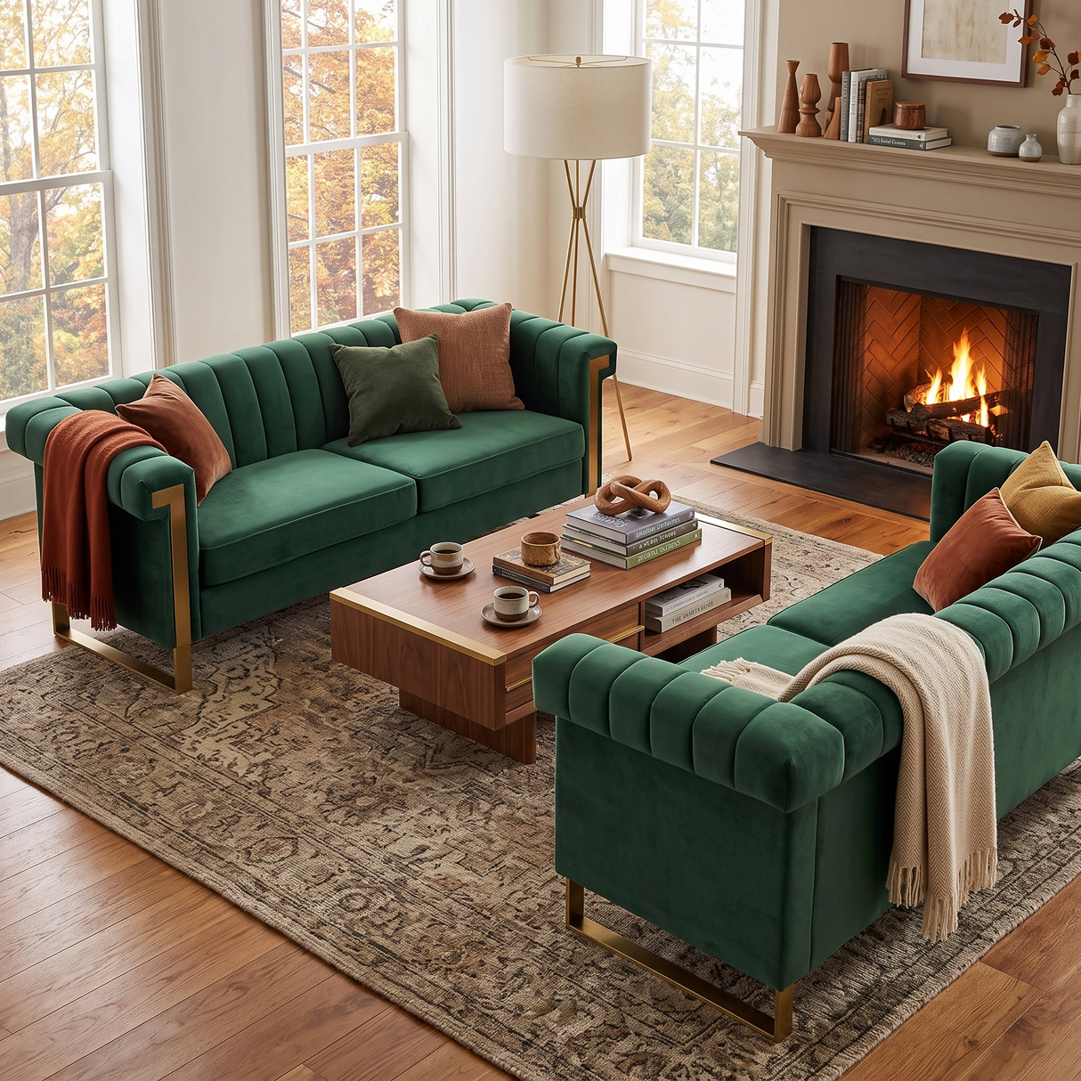 Emerald Green Velvet 2 Piece Sofa Set