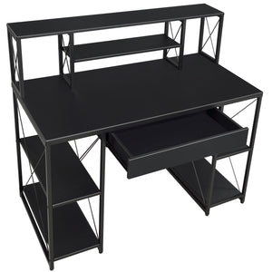 Black Office Desk with Open Shelves and Hutch - Black
