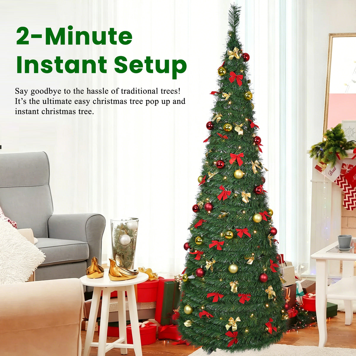 7FT Pop Up Christmas Tree, Pre-Decorated Artificial Tree