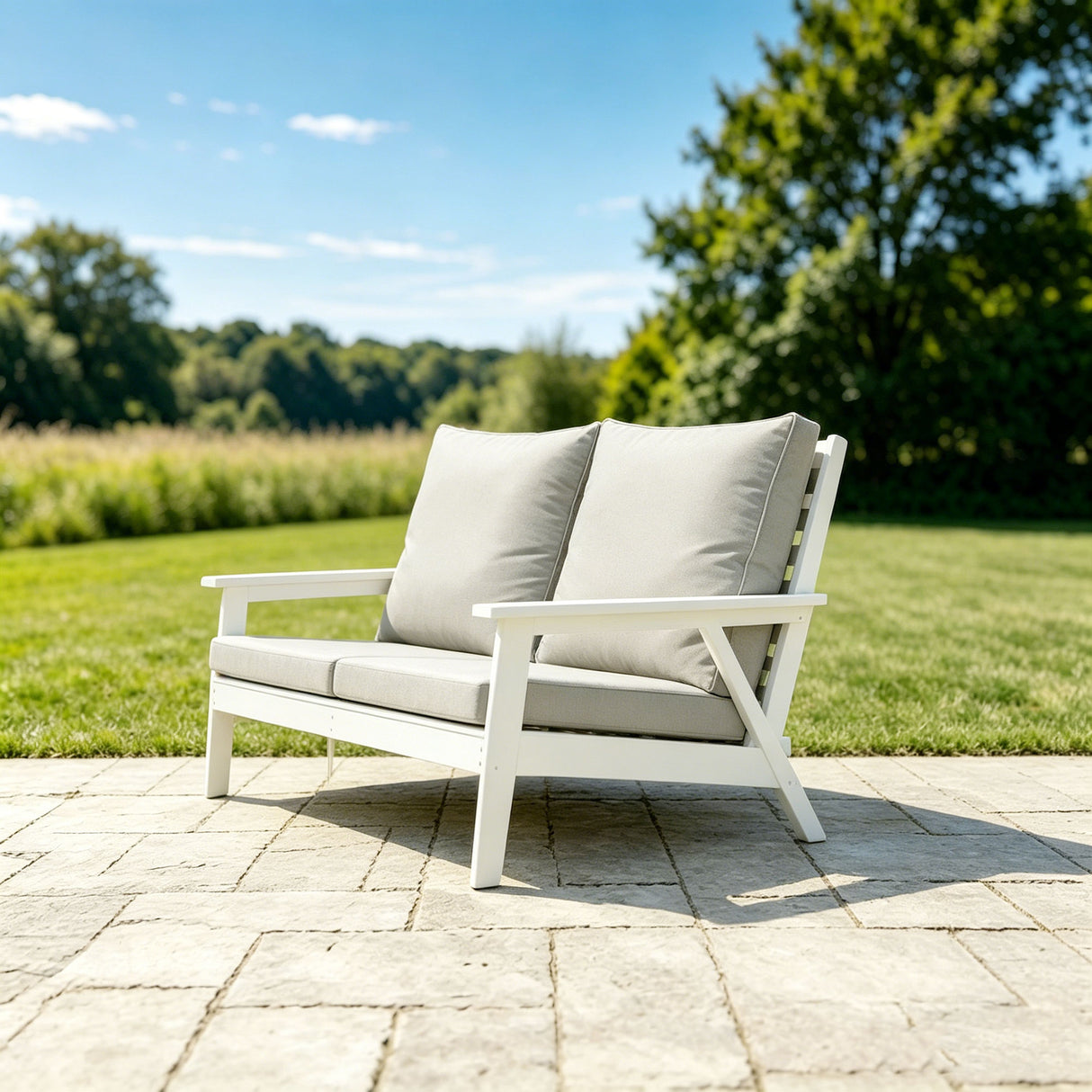 HIPS Loveseat with Cushion, Wood Grain Outdoor Garden Sofa