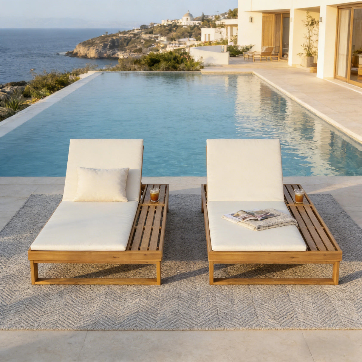 Teak Finish Acacia Wood Chaise Lounge with 1.57-Inch Cushion