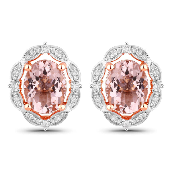 3.52 Carat Genuine Morganite and White Diamond 14K Rose Gold Earrings
