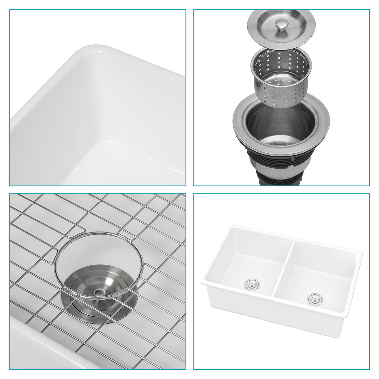 Elegant Dual Mount 32" Undermount Double Bowl Ceramic Kitchen Sink - White