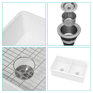 Elegant Dual Mount 32" Undermount Double Bowl Ceramic Kitchen Sink - White