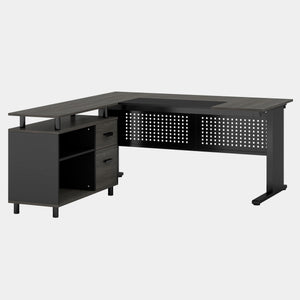 L-Shaped Executive Desk With File Cabinet, Office Workstation With Drawers, Shelves & Storage