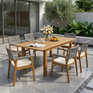 Outdoor 7 Pieces Rustic Patio Acacia Expandable Dining Set with Cushions