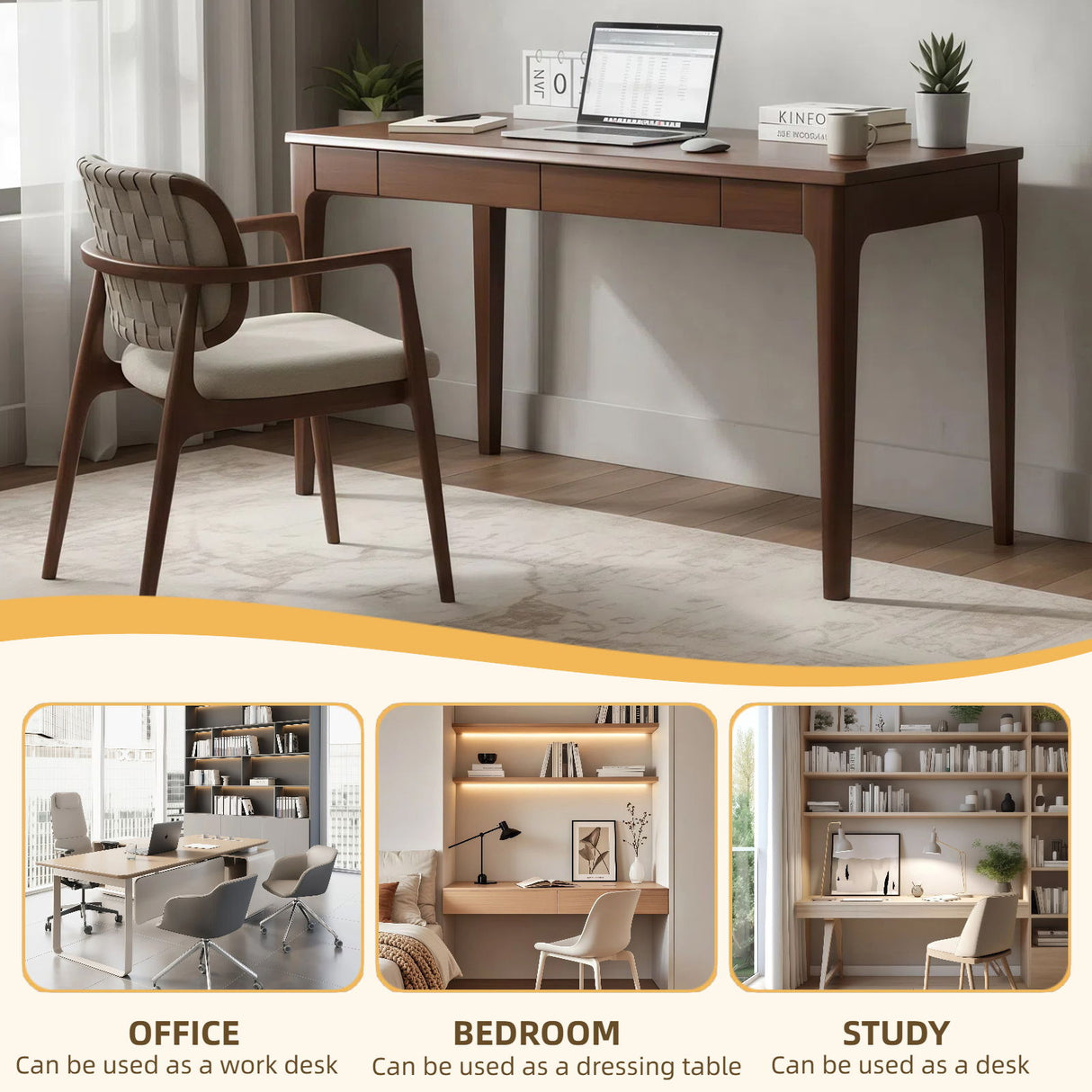 Desk With Drawers, Smooth Edge Design - Walnut