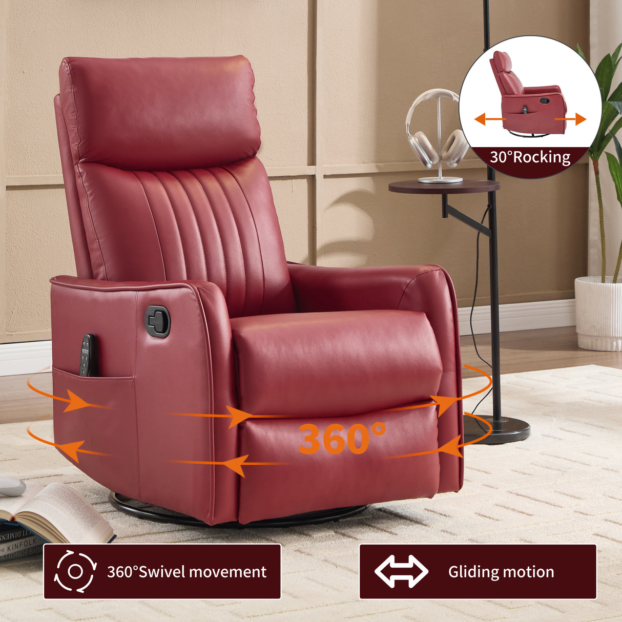 Red Faux Leather Heat Massage Manual Recliner Chair with Rocker and Swivel