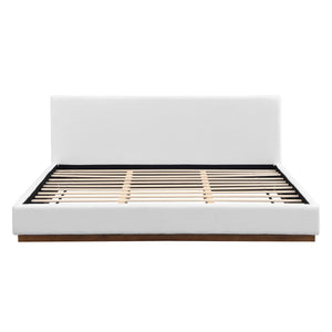 Elegant Boucle Upholstered Bed With Wood Grain Textured Solid Wood Base Frame