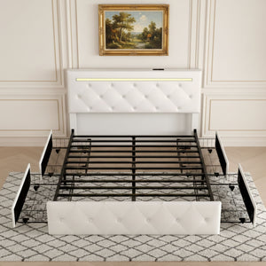 Upholstered Bed Frame With LED Lights, 4 Storage Drawers, Charging Station