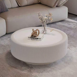 White Round Fluted Coffee Table with Hidden Storage