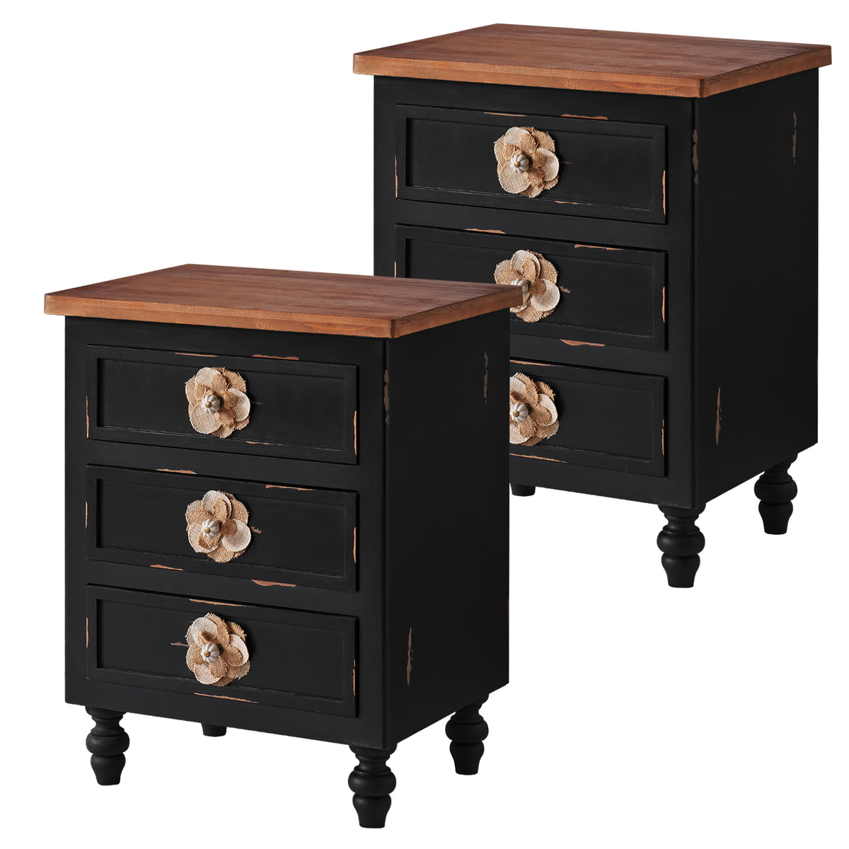 Vintage Farmhouse End Table with Floral Knobs, 19-Inch, 3-Drawer Nightstand, Antique Black