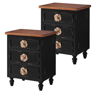 Vintage Farmhouse End Table with Floral Knobs, 19-Inch, 3-Drawer Nightstand, Antique Black