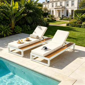 White Iron & Teak Finish Chaise Lounge Set