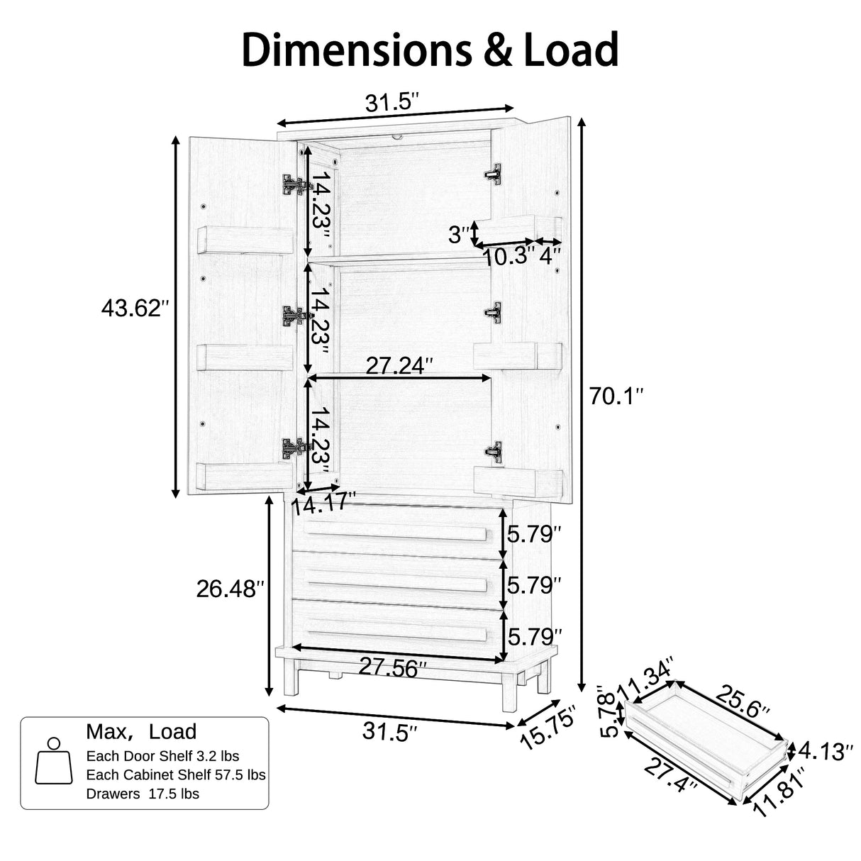 70" Kitchen Pantry Cabinet with 6 Door Shelves and 3 Drawers