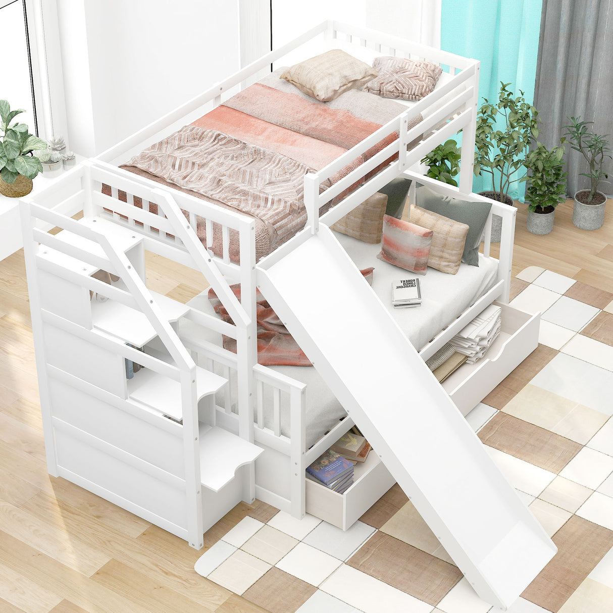 Bunk Bed With Storage Staircase, Slide, Desk, Drawers, And Shelves
