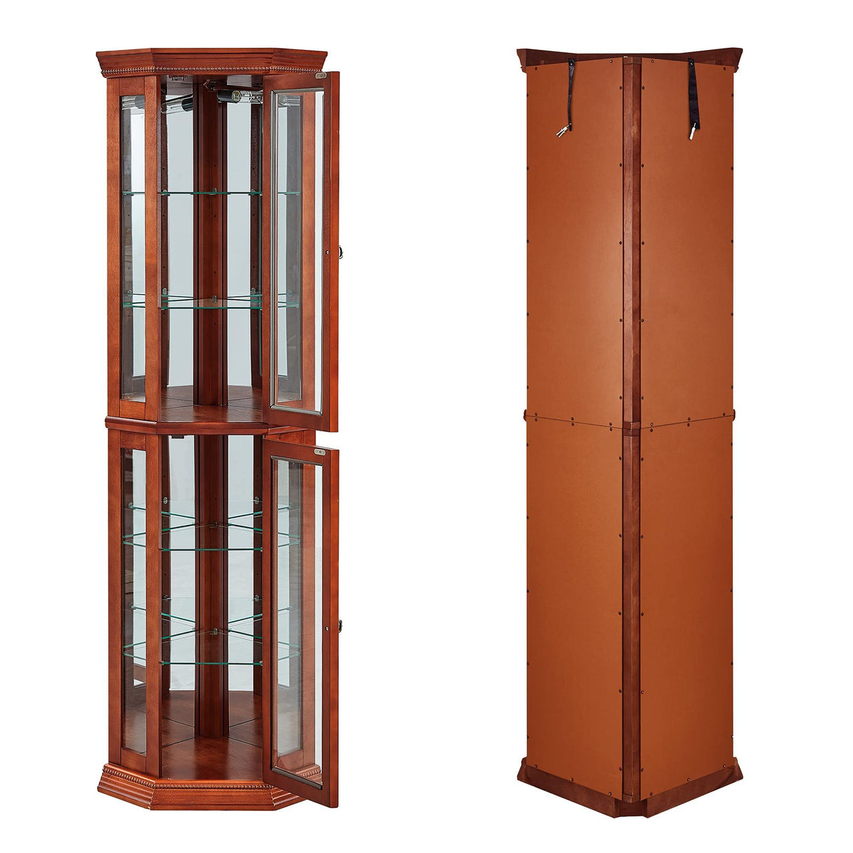 Corner Curio Cabinet With Lights, Adjustable Tempered Glass Shelves, Mirrored Back, Display Cabinet (E26 Light Bulb Not Included)