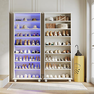 8 Tier Led Illuminated Shoe Cabinet With Adjustable Shelves, Storage Rack For 26 Pairs - White