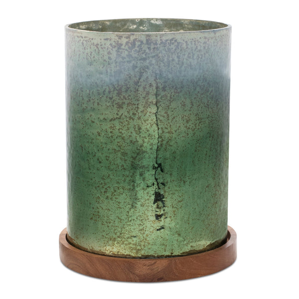 Green mercury glass candle holder with wood base 8.5"h