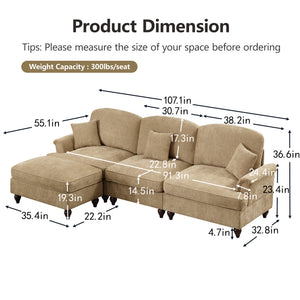 Mid Century Three Seater Modular L Shaped Sectional Couch