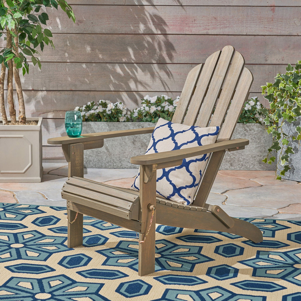 Outdoor Foldable Adirondack Chair With Hand Crafted Details - Gray