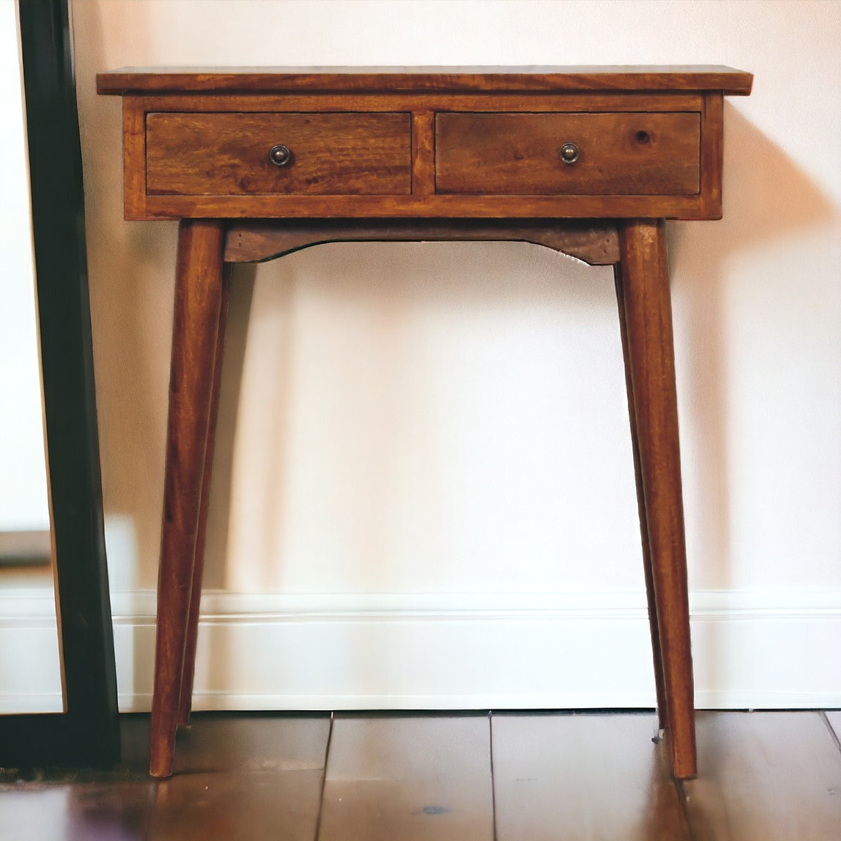Solid Mango Wood Mini Chestnut Hallway Console with 2 Drawers