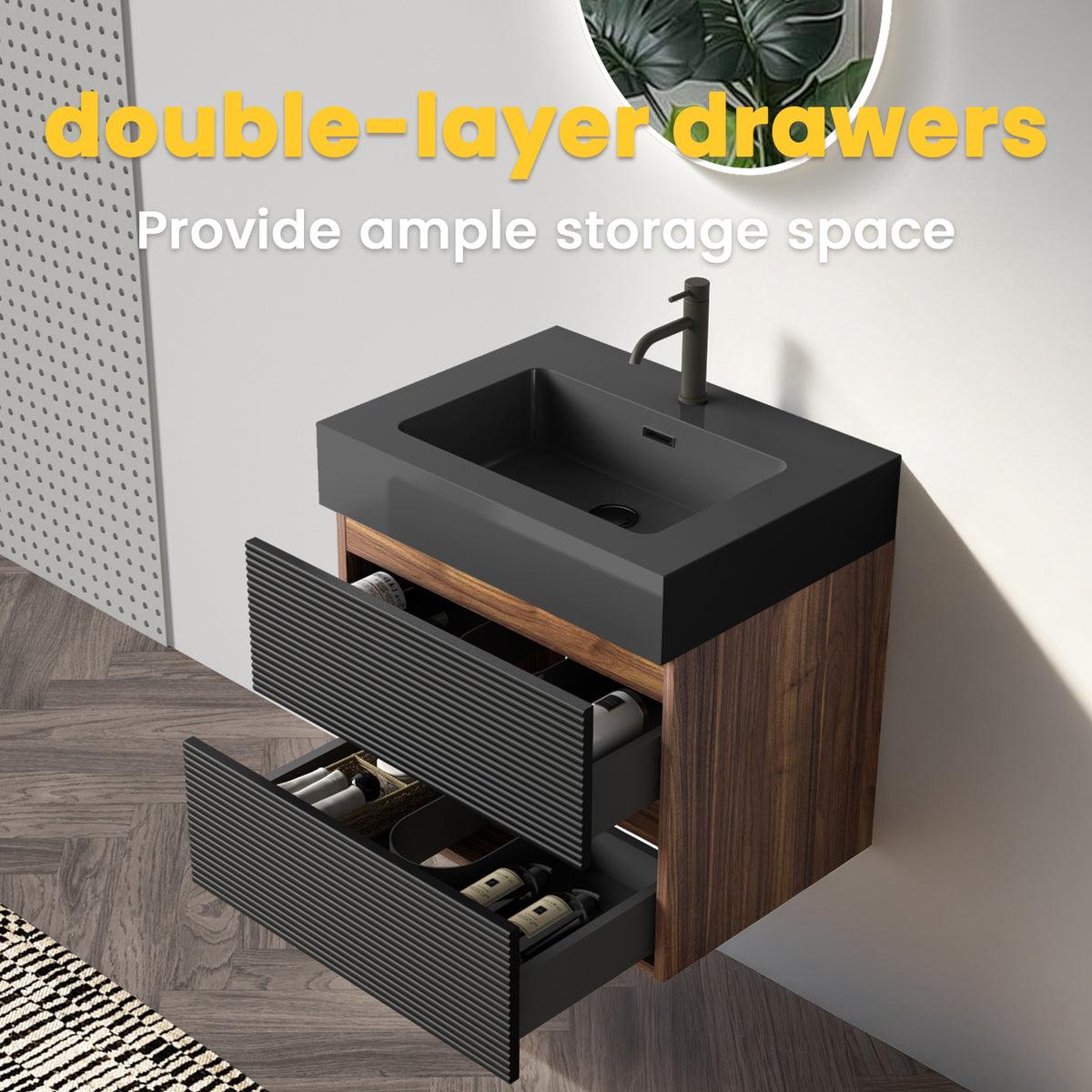 Grace 24-Inch Wall-Mounted Bathroom Vanity, Black with Walnut, Double Drawer