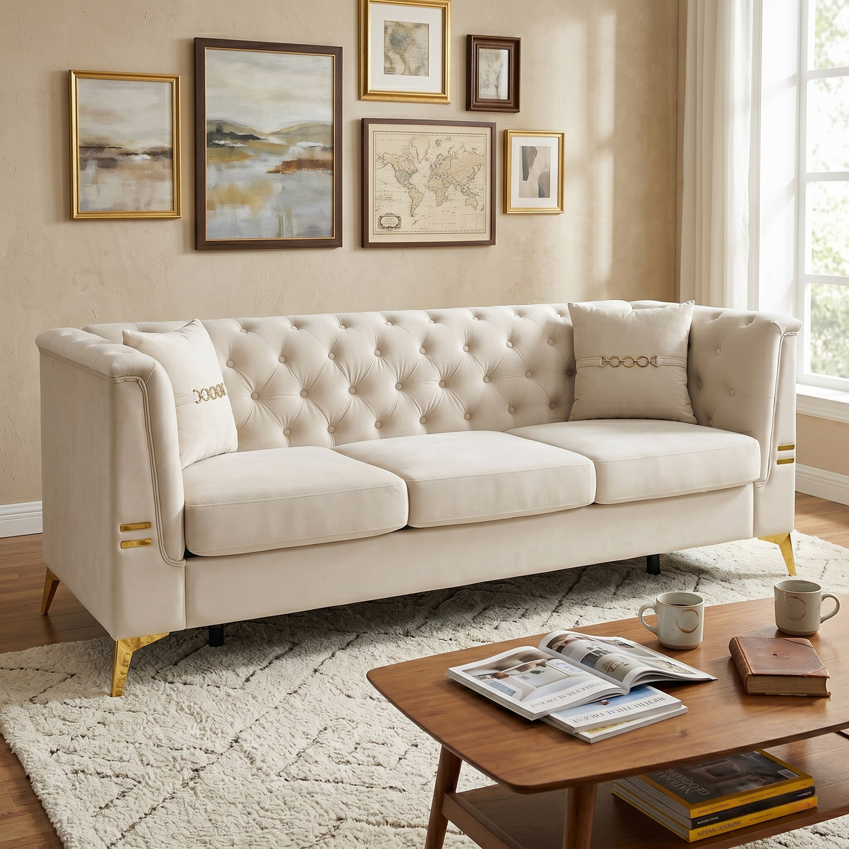 Contemporary Velvet Sofa With 2 Pillows