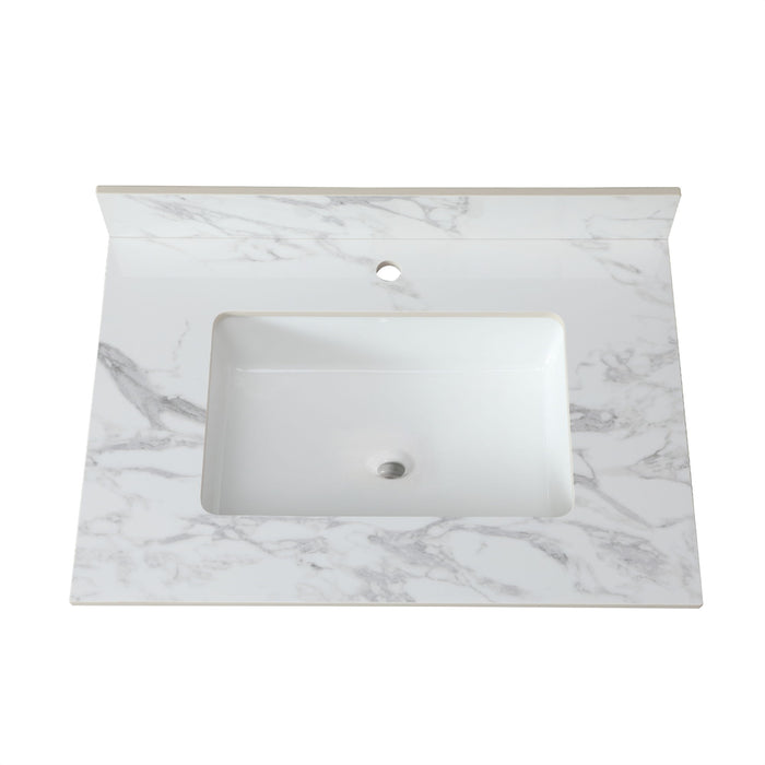 Sintered Stone Bathroom Vanity Top with Rectangular Ceramic Sink and Backsplash - White