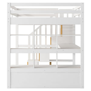 Full Size Loft Bed With Desk And Shelves, 2 Built In Drawers, Storage Staircase - White