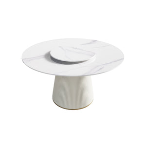 Modern Artificial Stone Round Plywood Base Dining Table, Can Accommodate 6 People, Artificial Stone Turntable (Not Including Chairs) - White / Beige