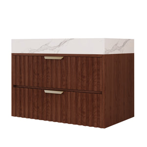 30" Modern Floating Bathroom Vanity with Seamless Sintered Stone Top & Ceramic Basin – 2 Soft-Close Drawers, Wall-Mounted