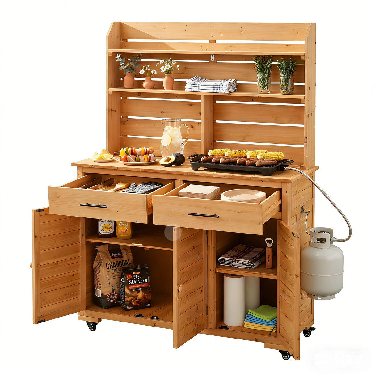 TOPMAX 65''H Large Garden Potting Bench with Lockable Wheels and Storage Cabinet