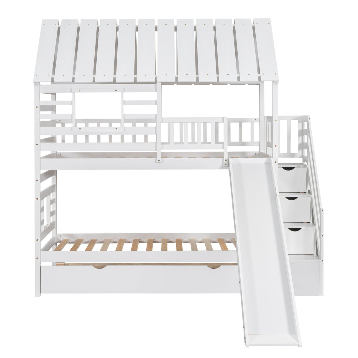 House Bunk Bed With Trundle, Storage Staircase, Roof And Window Design