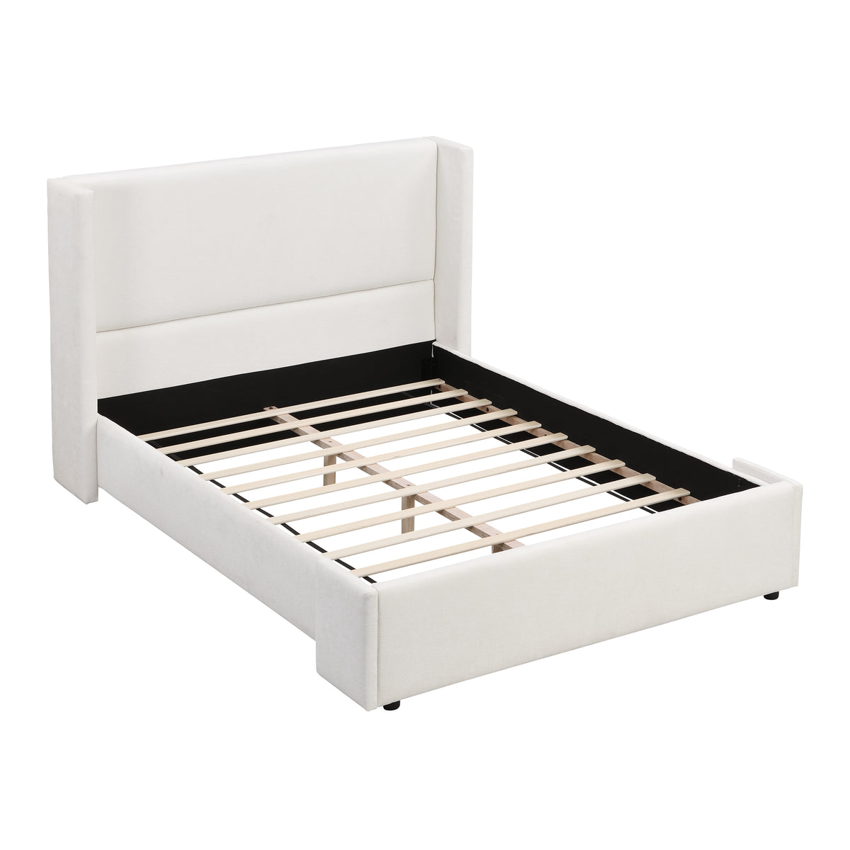Elegant White Fabric Upholstered Wingback Bed, Queen