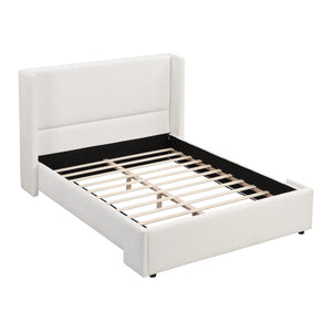 Elegant White Fabric Upholstered Wingback Bed, Queen