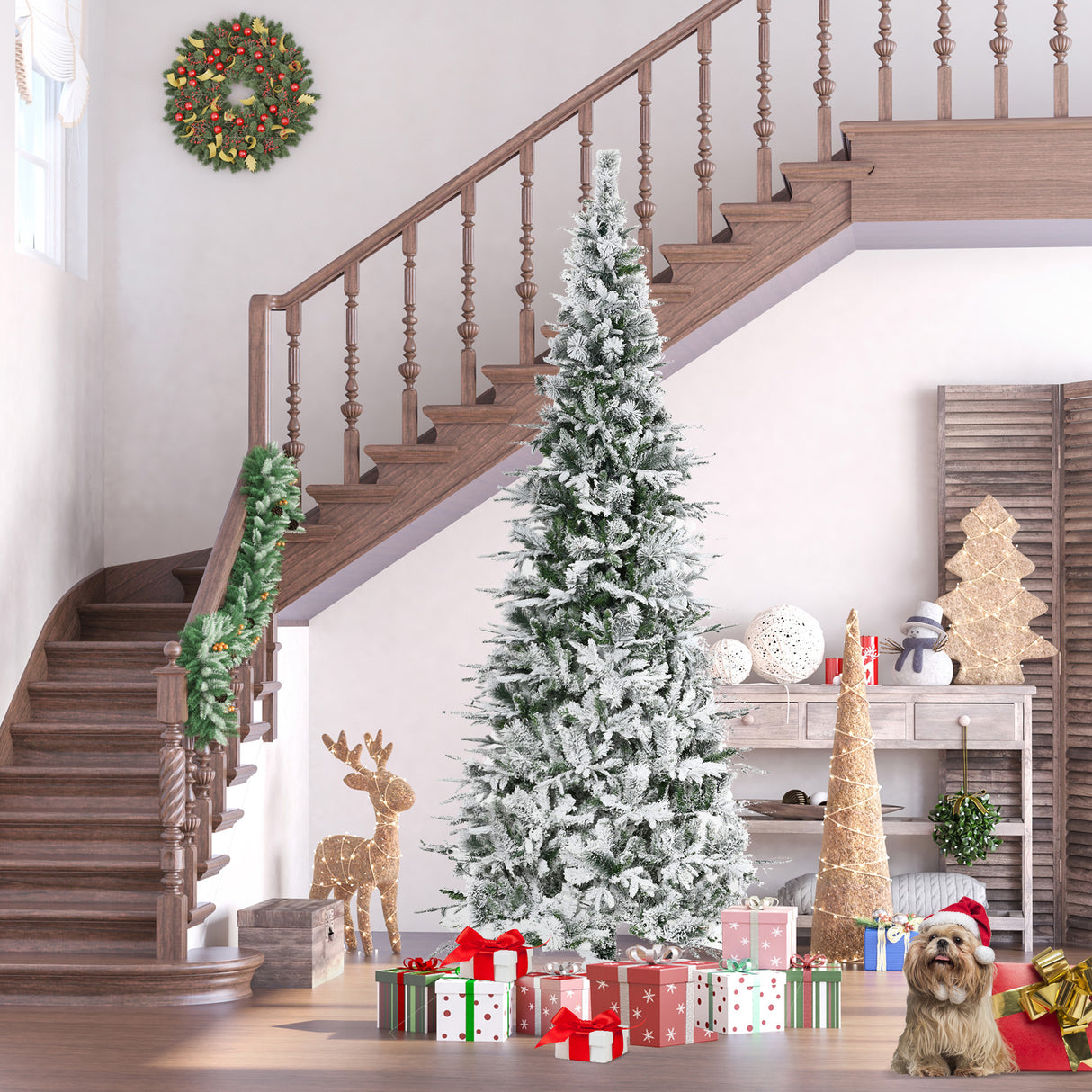 HOMCOM 9' Unlit Snow Flocked Pine Artificial Christmas Tree