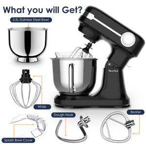 Plum Chef 5.5QT Electric Stand Mixer, 12-Speed Tilt-Head Food Mixer, Dough Mixer with Dishwasher Safe Stainless Steel Bowl, Dough Hook, Flat Beater, Whisk, Splash Guard