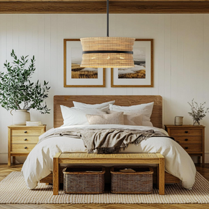 Wicker Boho Chandelier, 4-Light Coastal Rattan Pendant, 18-Inch Hand Woven, Beige
