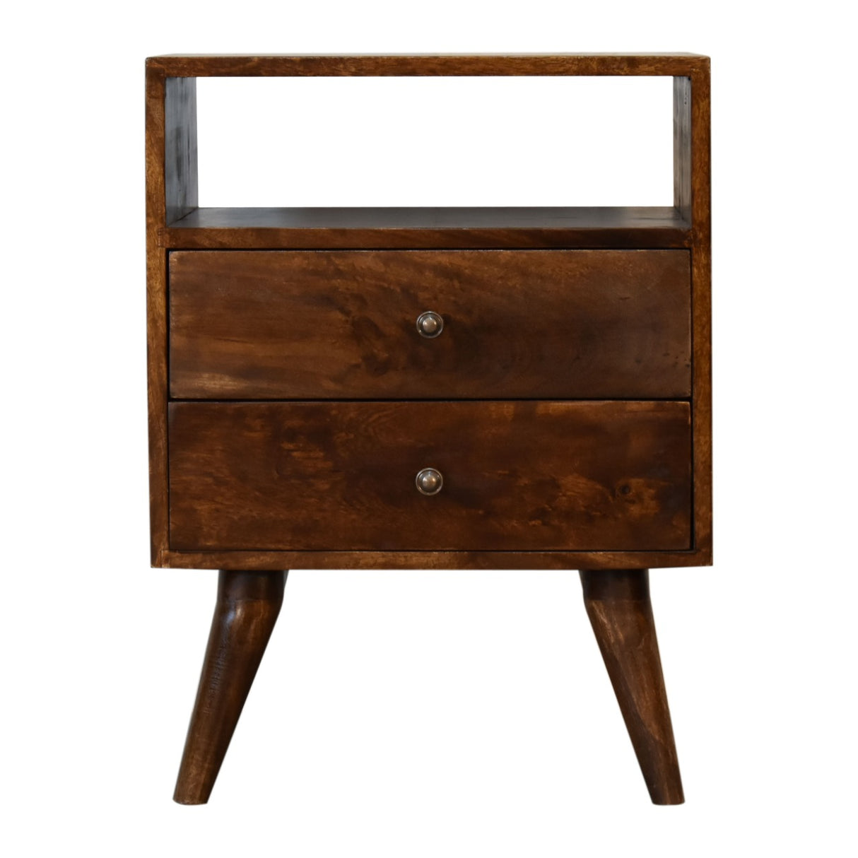 Classic Chestnut Nightstand, 2-Drawers, 1 Open-Slot, Nordic Legs