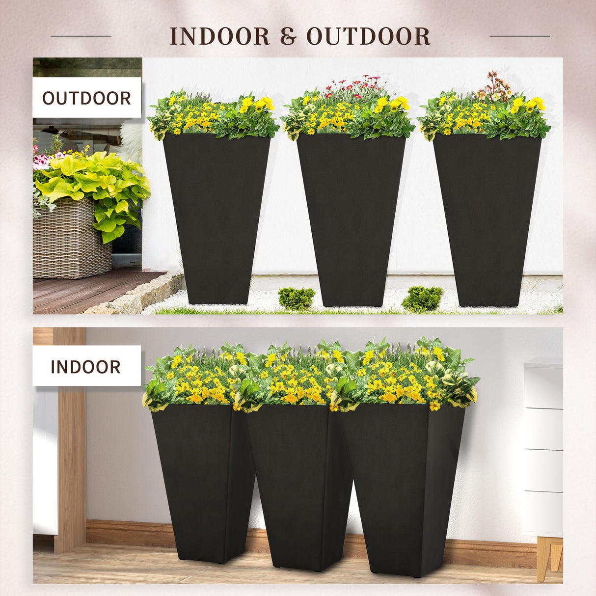 Outsunny - Outdoor Planters (Set of 3) Large Taper Planters With Drainage Holes And Plug, Faux Wood Plastic Flower Pots For Outdoor, Indoor, Garden, Patio