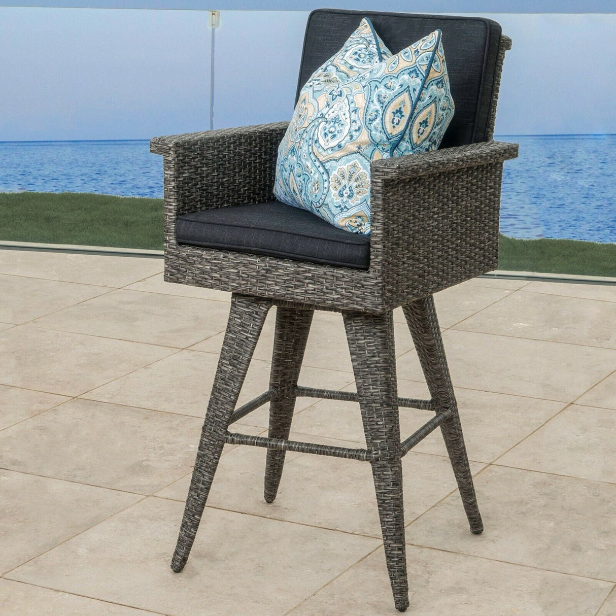 Outdoor Rattan Swivel Barstool With Water Resistant Cushion - Mixed Black / Dark Gray - Best Buy Furniture