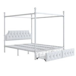 Queen Size Canopy Platform Bed With Upholstered Headboard And 2 Storage Drawers - White